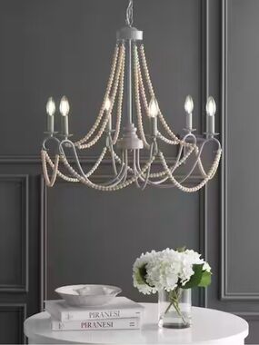New Jonathan Y Rustica Grey Natural Beaded Chandelier light